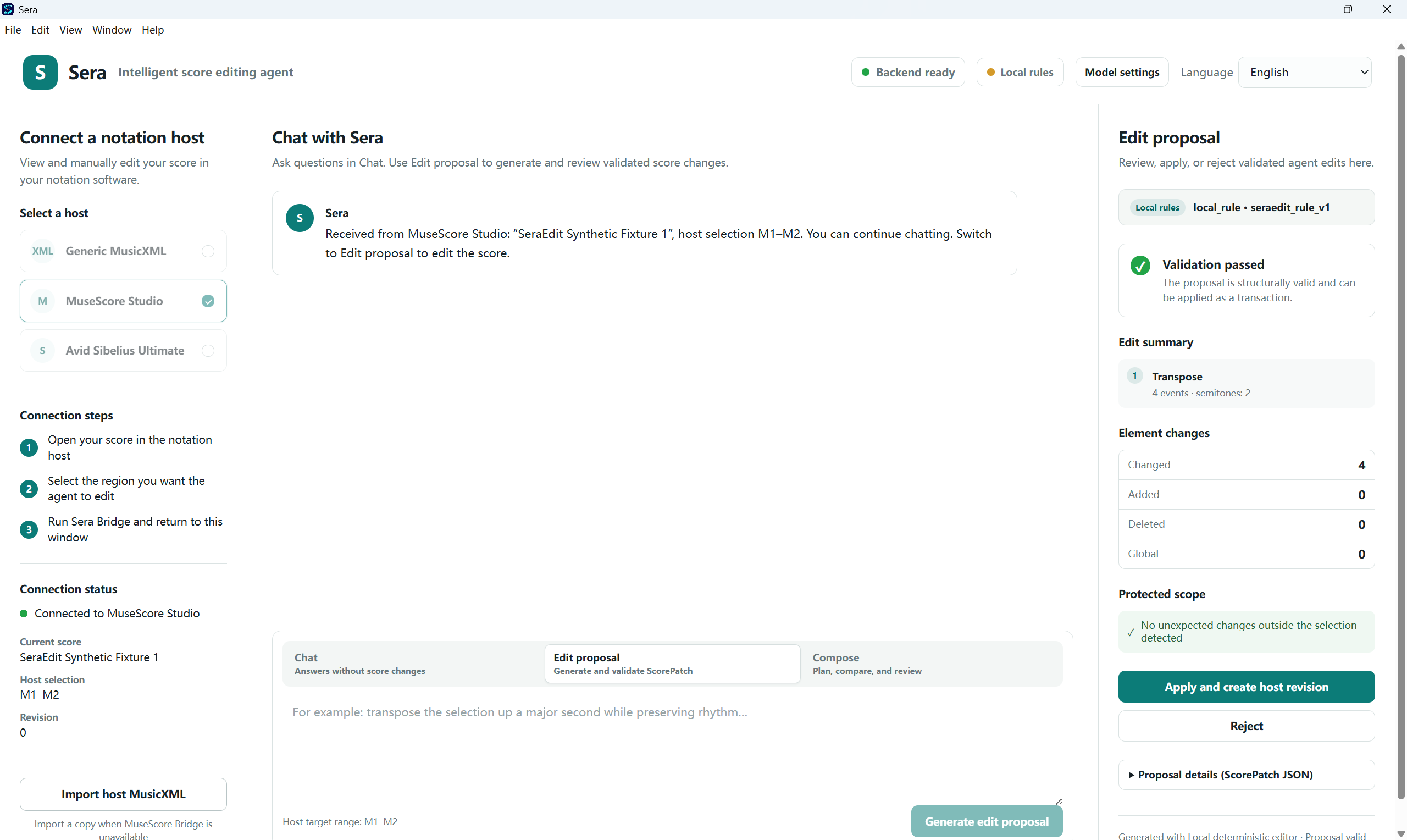 SeraEdit local-rule proposal view showing four pitch changes, validation and a protected scope.